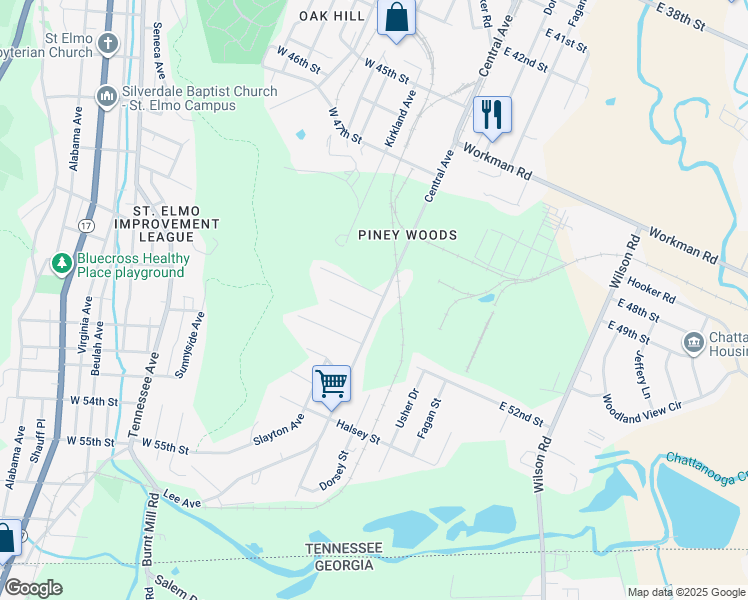 map of restaurants, bars, coffee shops, grocery stores, and more near 5103 Central Avenue in Chattanooga