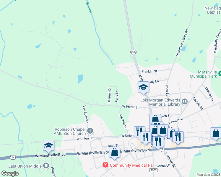 map of restaurants, bars, coffee shops, grocery stores, and more near 606 Hallman Drive in Marshville