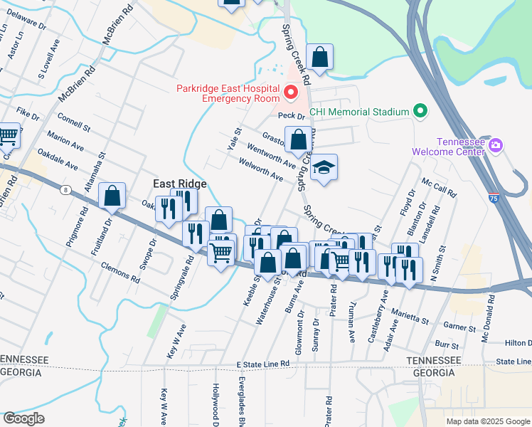 map of restaurants, bars, coffee shops, grocery stores, and more near 1300 Sewanee Drive in Chattanooga