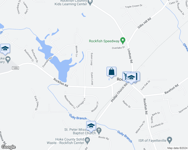 map of restaurants, bars, coffee shops, grocery stores, and more near 167 Eulon Loop in Raeford