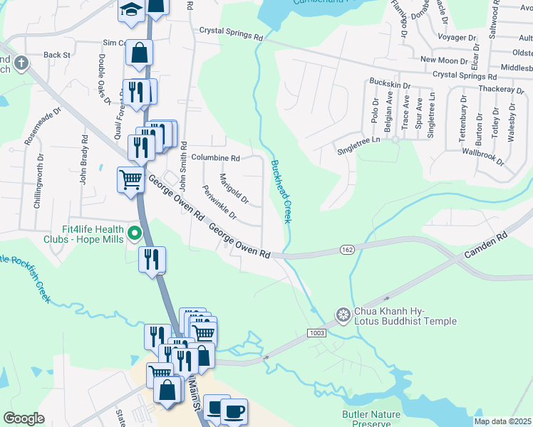 map of restaurants, bars, coffee shops, grocery stores, and more near 5846 Columbine Road in Fayetteville