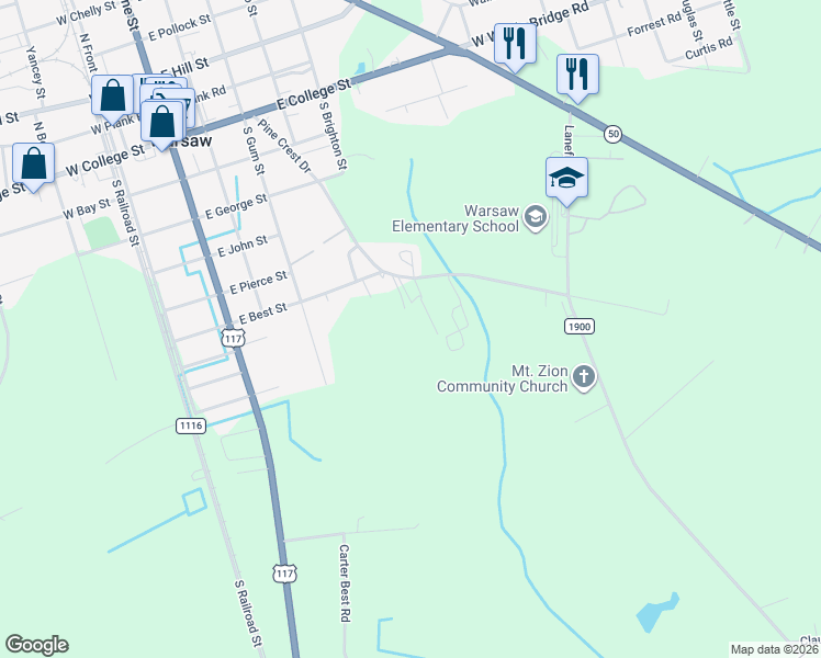 map of restaurants, bars, coffee shops, grocery stores, and more near 348 East Best Street in Warsaw