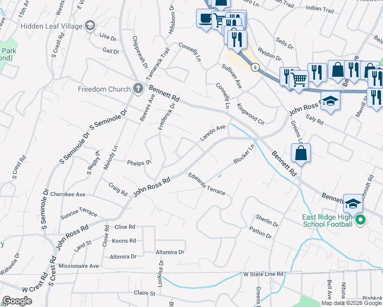 map of restaurants, bars, coffee shops, grocery stores, and more near 1306 Laredo Ave in Chattanooga