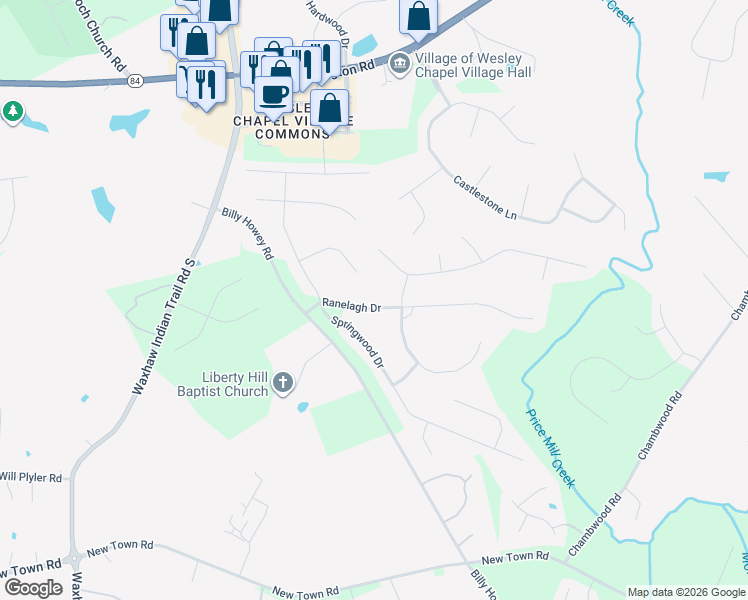 map of restaurants, bars, coffee shops, grocery stores, and more near 311 Ranelagh Drive in Waxhaw