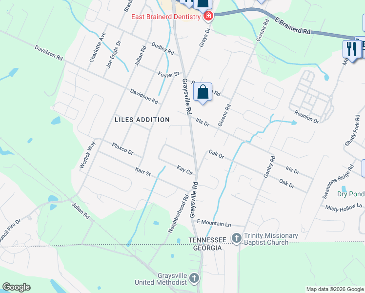 map of restaurants, bars, coffee shops, grocery stores, and more near 850 Kay Circle in Chattanooga