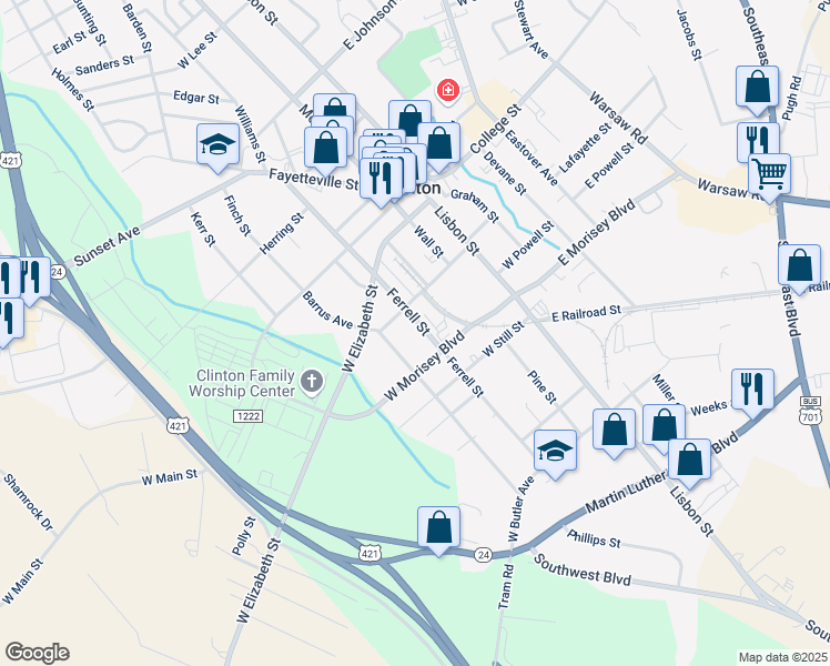 map of restaurants, bars, coffee shops, grocery stores, and more near 307 West John Street in Clinton