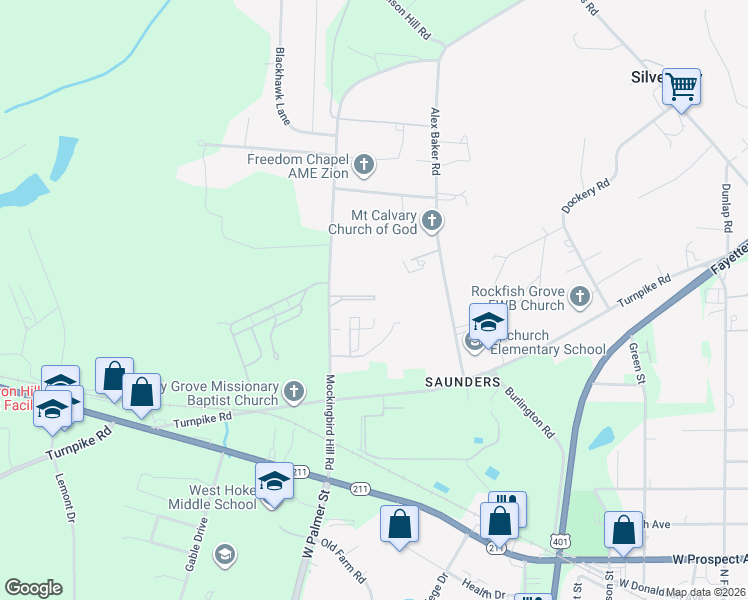 map of restaurants, bars, coffee shops, grocery stores, and more near 130 Park Place in Raeford