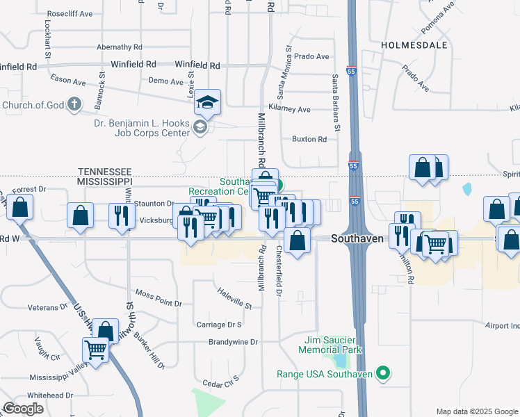 map of restaurants, bars, coffee shops, grocery stores, and more near 9105 Millbranch Road in Southaven