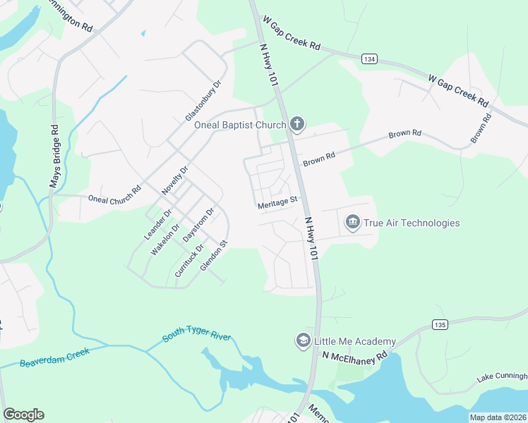 map of restaurants, bars, coffee shops, grocery stores, and more near 207 Meritage Street in Greer