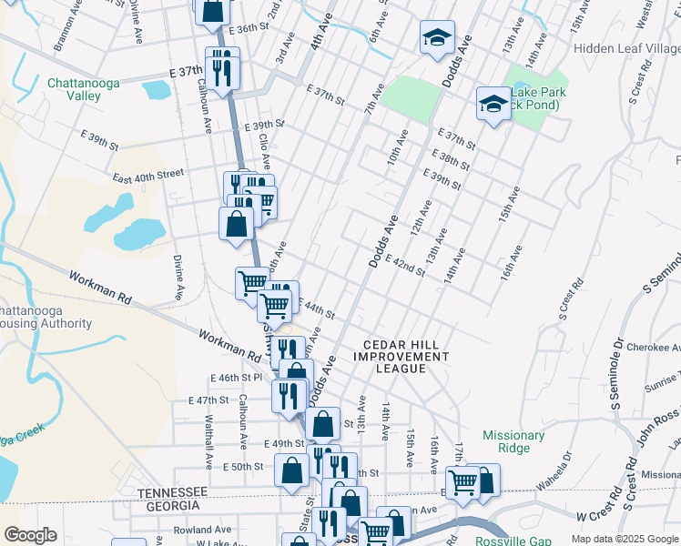 map of restaurants, bars, coffee shops, grocery stores, and more near 4215 10th Avenue in Chattanooga