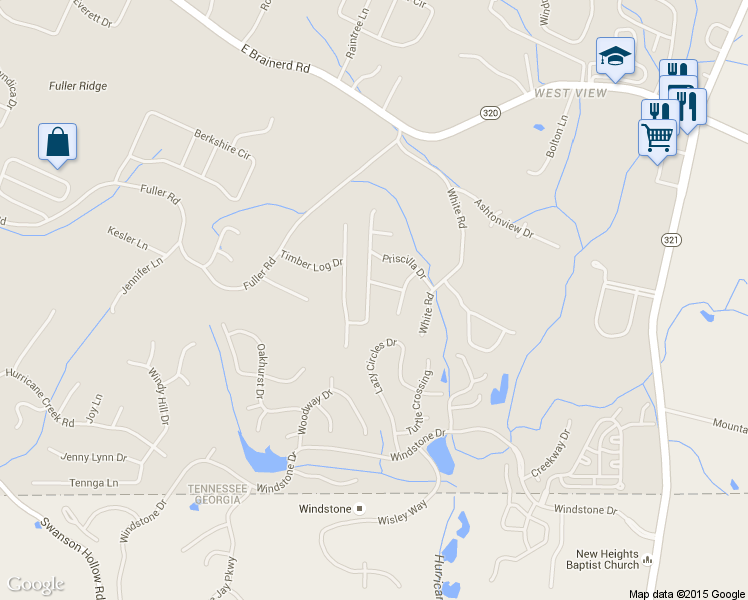 map of restaurants, bars, coffee shops, grocery stores, and more near 560 Elizabeth Crest Road in Chattanooga