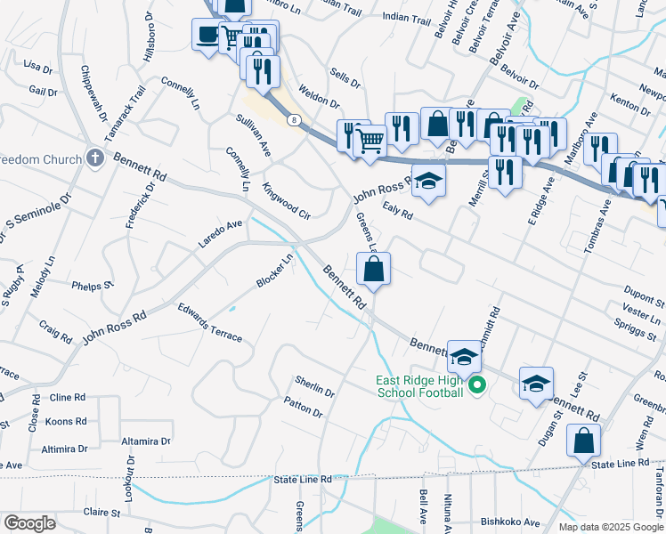 map of restaurants, bars, coffee shops, grocery stores, and more near 3917 Bennett Road in Chattanooga