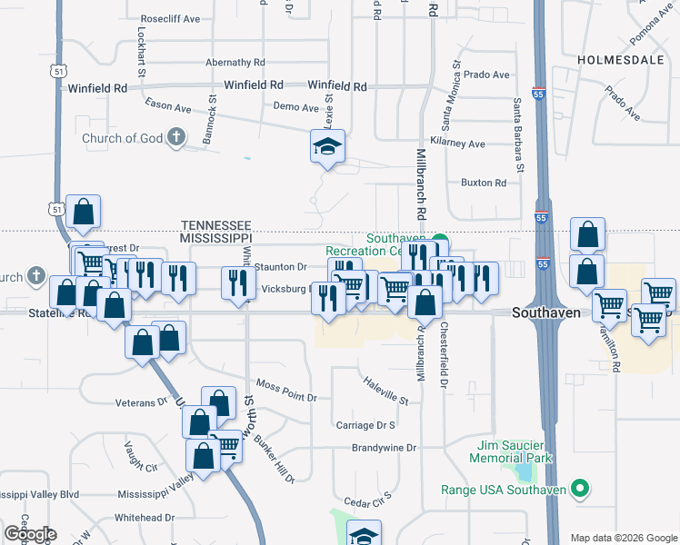 map of restaurants, bars, coffee shops, grocery stores, and more near 1257 Staunton Drive in Southaven