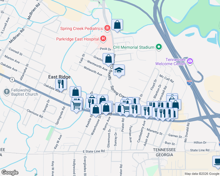 map of restaurants, bars, coffee shops, grocery stores, and more near 1106 Spring Creek Road in Chattanooga
