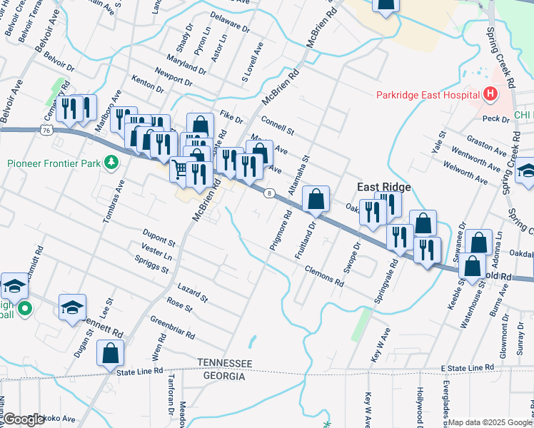 map of restaurants, bars, coffee shops, grocery stores, and more near 5330 Ringgold Road in Chattanooga