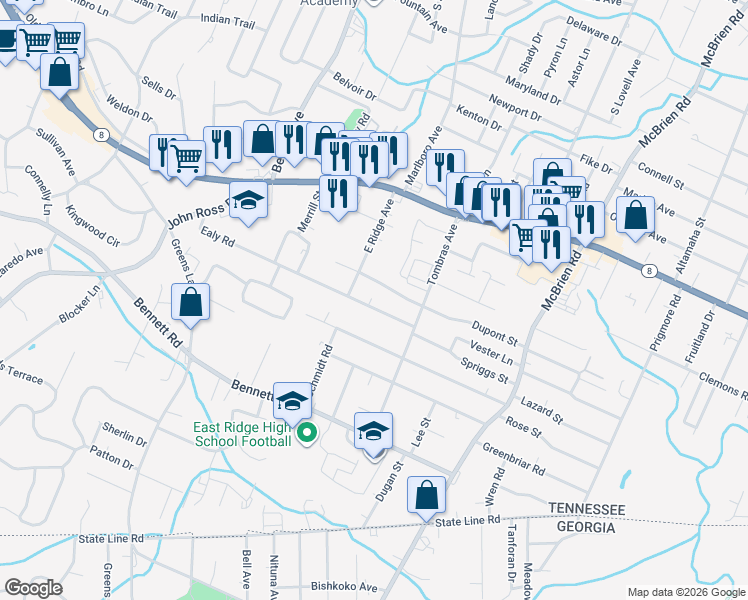 map of restaurants, bars, coffee shops, grocery stores, and more near 1706 East Ridge Avenue in Chattanooga