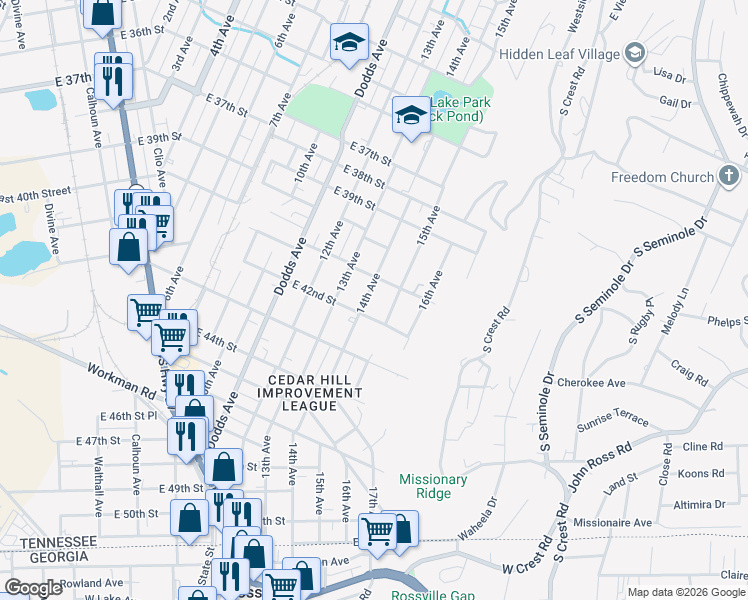 map of restaurants, bars, coffee shops, grocery stores, and more near 4108 14th Avenue in Chattanooga