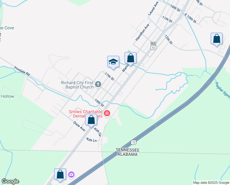 map of restaurants, bars, coffee shops, grocery stores, and more near 1736 South Cedar Avenue in South Pittsburg
