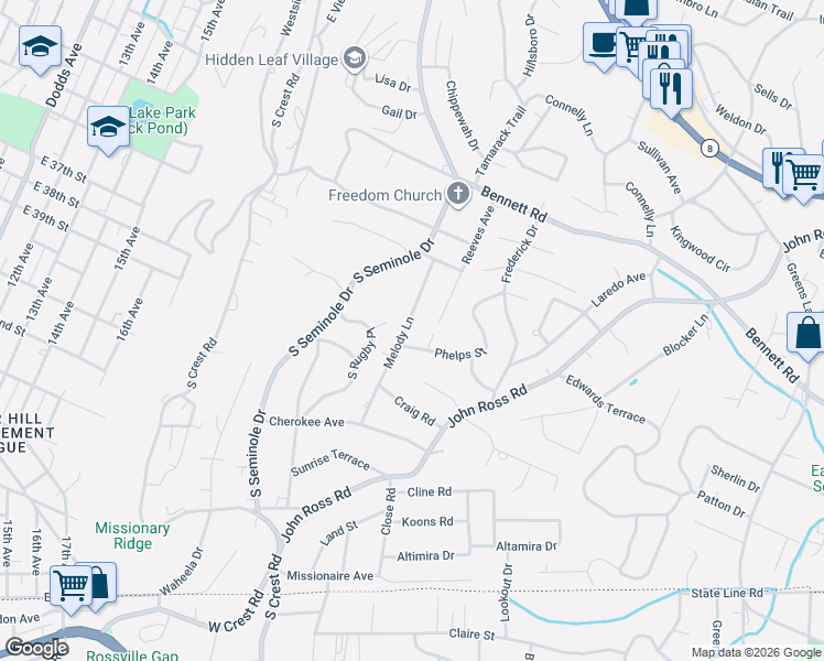 map of restaurants, bars, coffee shops, grocery stores, and more near 1428 Melody Lane in Chattanooga