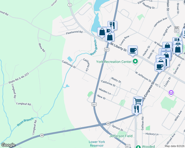 map of restaurants, bars, coffee shops, grocery stores, and more near 410 California Street in York