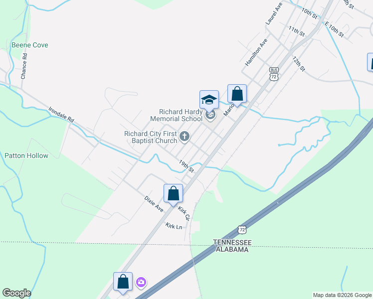 map of restaurants, bars, coffee shops, grocery stores, and more near 1800 Marion Avenue in South Pittsburg
