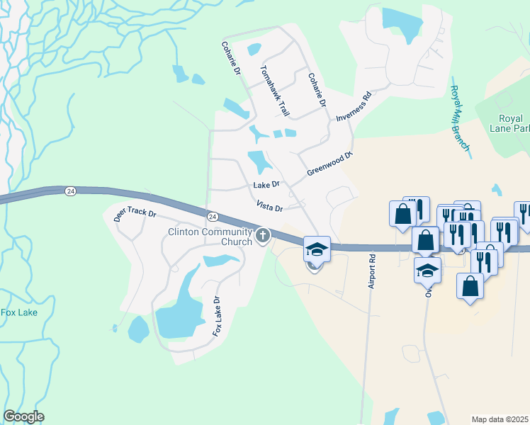 map of restaurants, bars, coffee shops, grocery stores, and more near 109 Vista Drive in Clinton