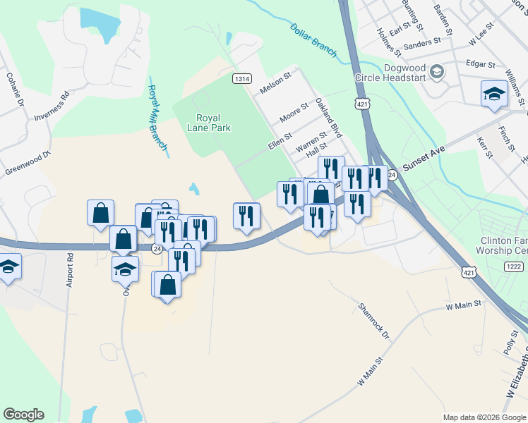 map of restaurants, bars, coffee shops, grocery stores, and more near 136 Pierce Street in Clinton