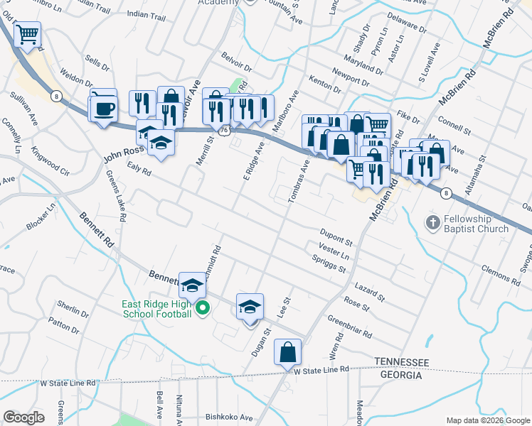 map of restaurants, bars, coffee shops, grocery stores, and more near 4218 Dupont St in Chattanooga