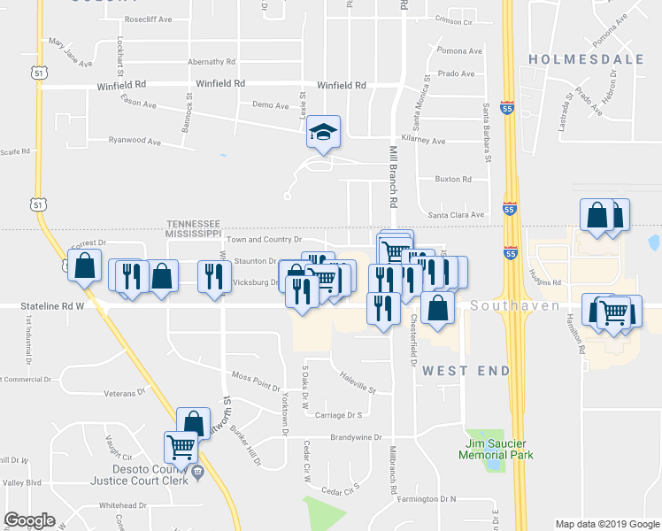 map of restaurants, bars, coffee shops, grocery stores, and more near 9110 Haleville Street in Southaven