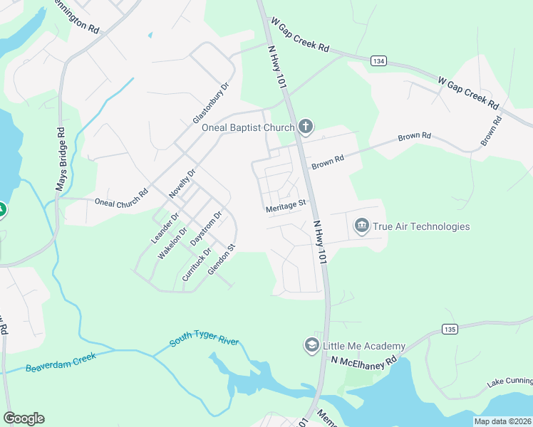 map of restaurants, bars, coffee shops, grocery stores, and more near 207 Meritage Street in Greer