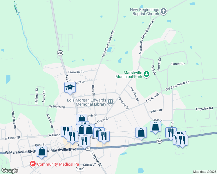 map of restaurants, bars, coffee shops, grocery stores, and more near 610 Hasty Street in Marshville