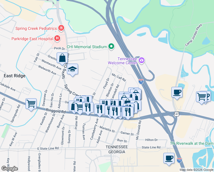 map of restaurants, bars, coffee shops, grocery stores, and more near 1032 Floyd Dr in Chattanooga