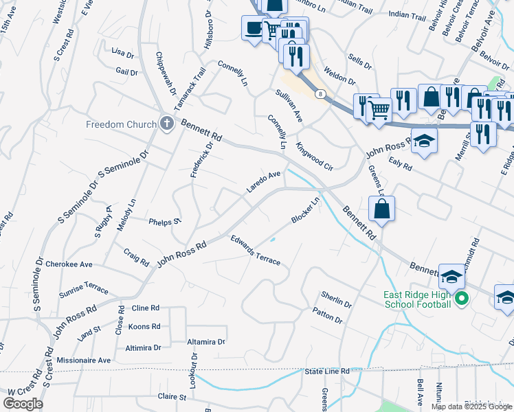 map of restaurants, bars, coffee shops, grocery stores, and more near 1268 John Ross Road in East Ridge
