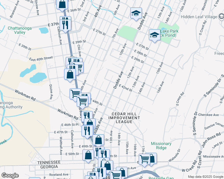 map of restaurants, bars, coffee shops, grocery stores, and more near 4211 Dodds Avenue in Chattanooga