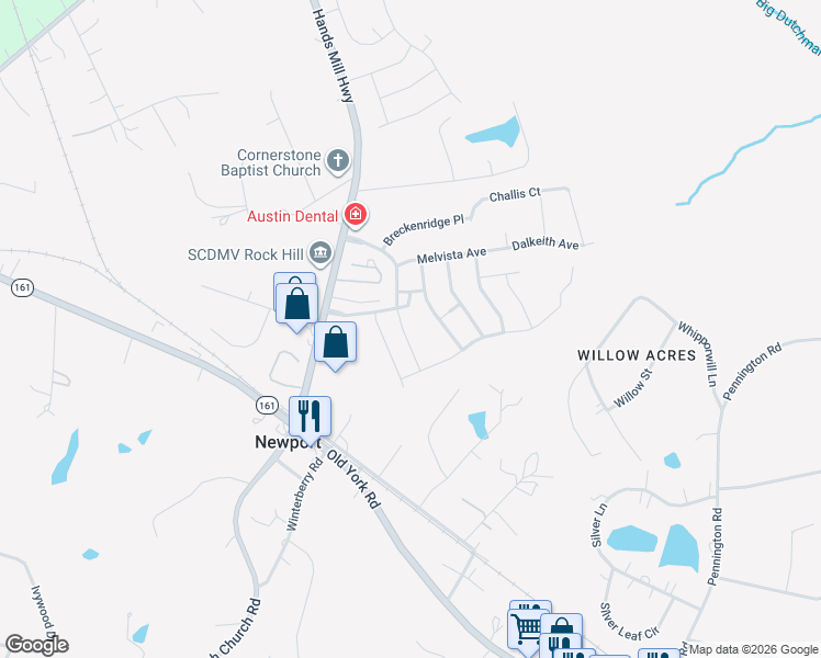 map of restaurants, bars, coffee shops, grocery stores, and more near 5221 Crystal Lakes Drive in Rock Hill