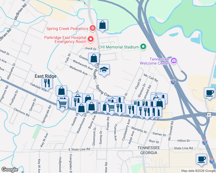 map of restaurants, bars, coffee shops, grocery stores, and more near 1208 Spring Creek Road in Chattanooga