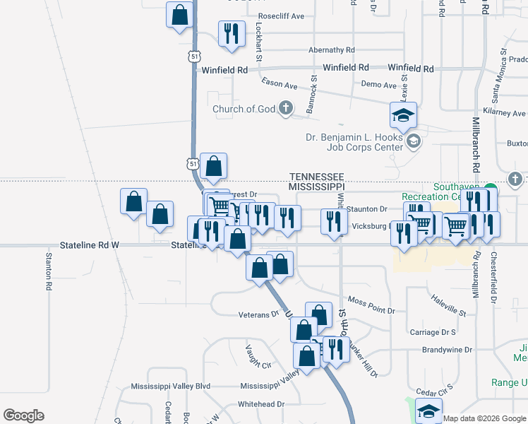 map of restaurants, bars, coffee shops, grocery stores, and more near 1763 Forrest Cove in Southaven