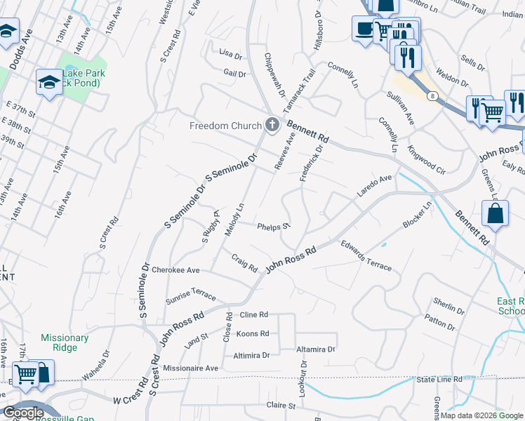map of restaurants, bars, coffee shops, grocery stores, and more near 1414 Reeves Avenue in Chattanooga