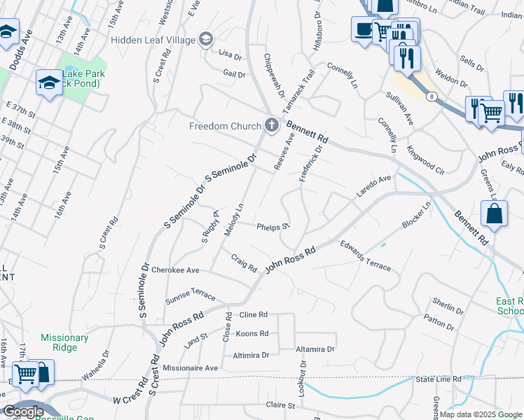 map of restaurants, bars, coffee shops, grocery stores, and more near 1414 Reeves Avenue in Chattanooga