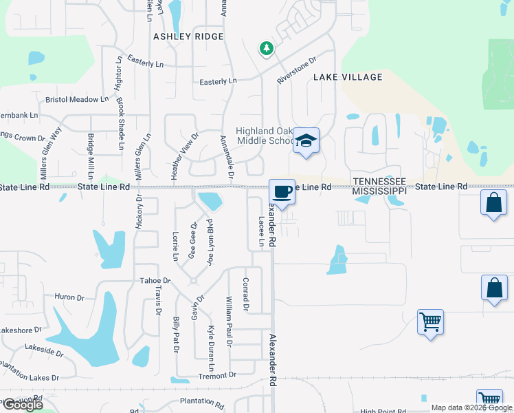 map of restaurants, bars, coffee shops, grocery stores, and more near 9435 Lacee Lane in Olive Branch