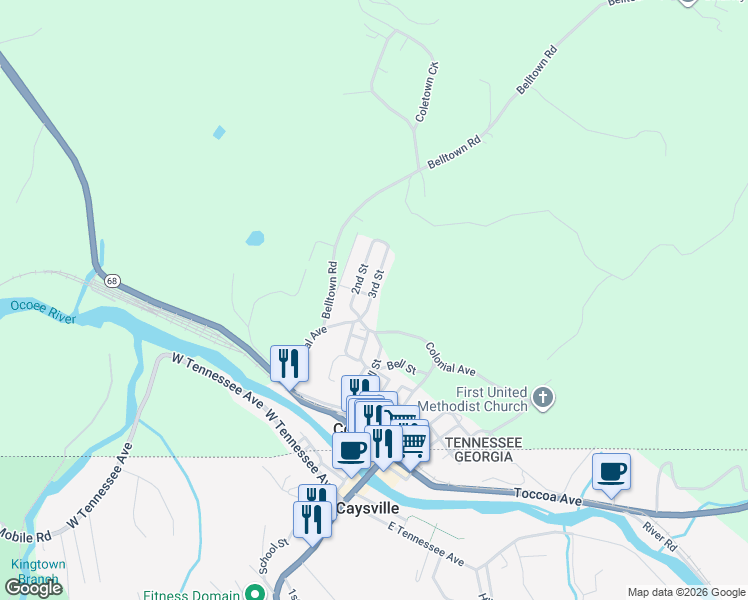 map of restaurants, bars, coffee shops, grocery stores, and more near 130 3rd Street in Copperhill