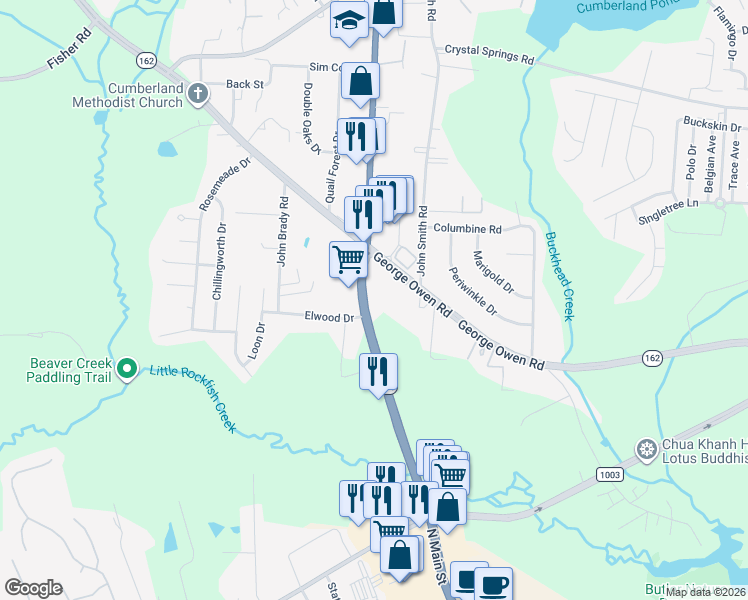 map of restaurants, bars, coffee shops, grocery stores, and more near 2731 Hope Mills Road in Fayetteville