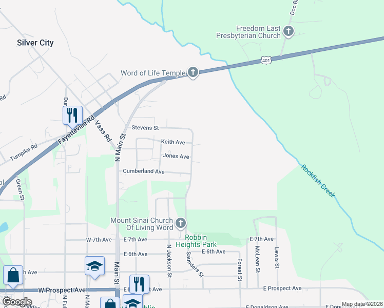 map of restaurants, bars, coffee shops, grocery stores, and more near 1315 Stevens Street in Raeford