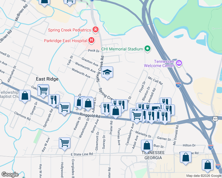 map of restaurants, bars, coffee shops, grocery stores, and more near 1208 Spring Creek Road in Chattanooga