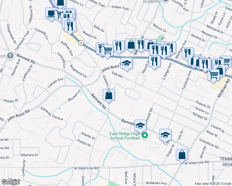 map of restaurants, bars, coffee shops, grocery stores, and more near 4108 Greenbriar Road in Chattanooga