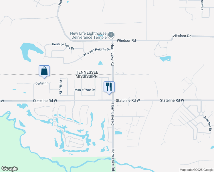 map of restaurants, bars, coffee shops, grocery stores, and more near 9123 Kirkwood Lane in Southaven