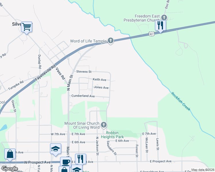map of restaurants, bars, coffee shops, grocery stores, and more near 1315 Stevens Street in Raeford