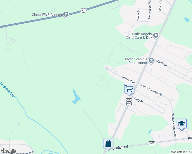 map of restaurants, bars, coffee shops, grocery stores, and more near 612 Hazel Ln in Raeford