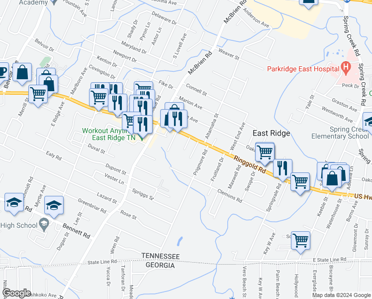 map of restaurants, bars, coffee shops, grocery stores, and more near 5330 Ringgold Road in Chattanooga