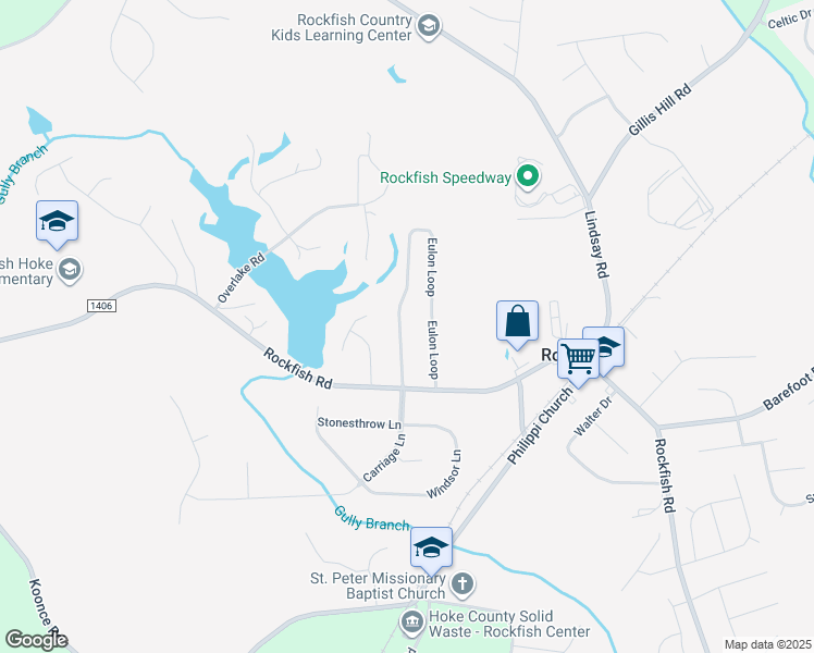 map of restaurants, bars, coffee shops, grocery stores, and more near 120 Eulon Loop in Raeford